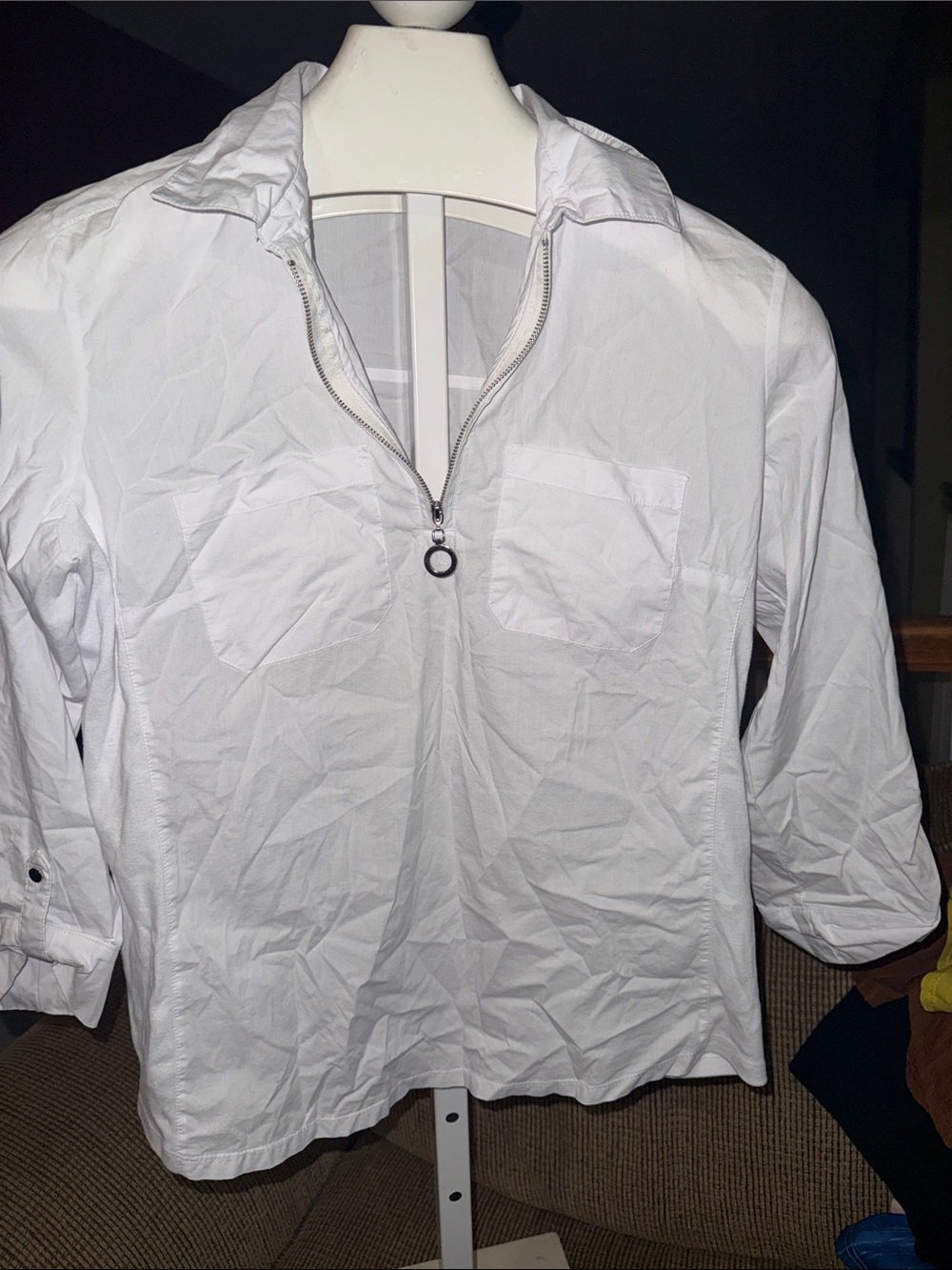 Women's White Casual Button-Down Pullover Shirt with Zip